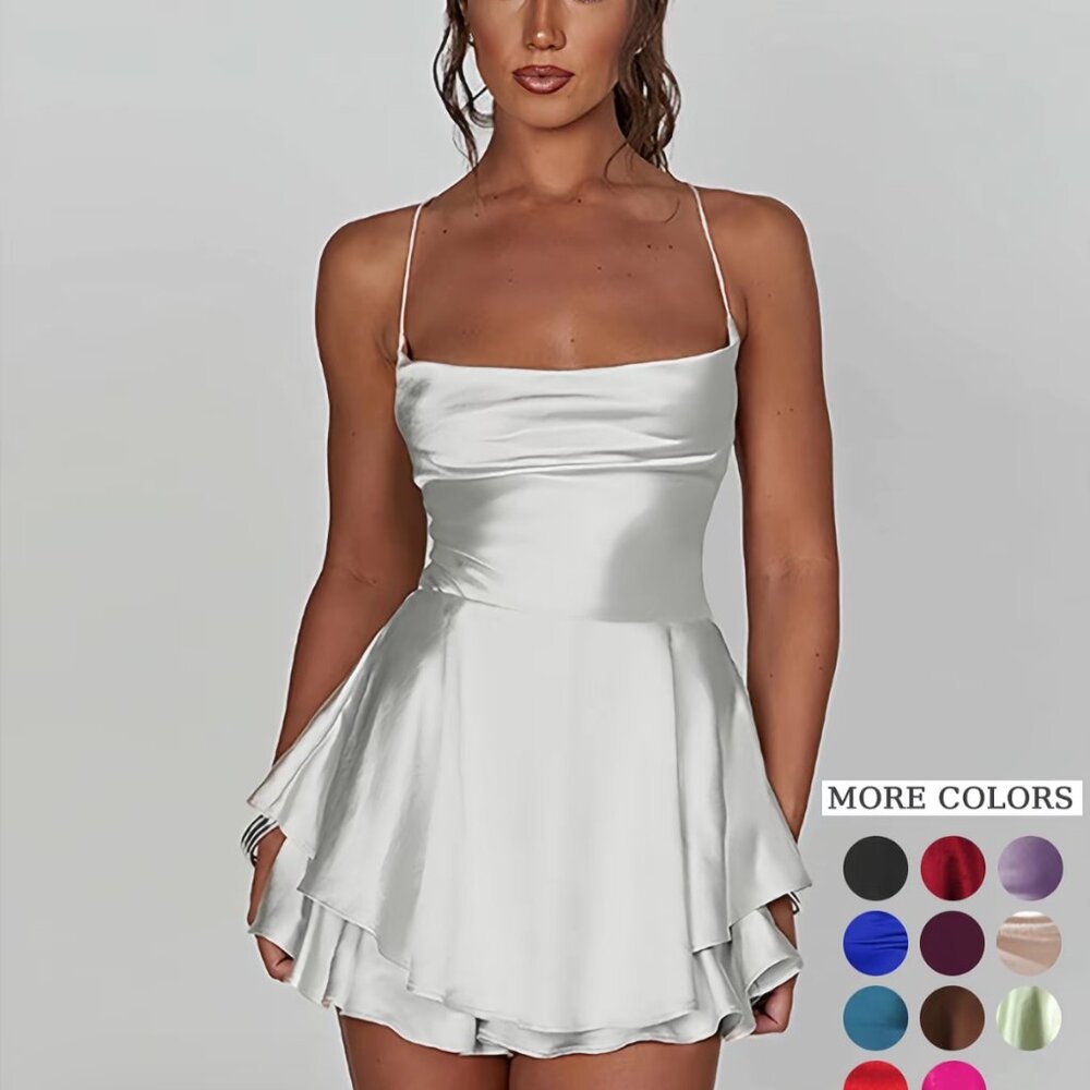 Women Satin Dress Backless Short Romper Mini Dress Cowl Neck Sleeveless Tie | XS